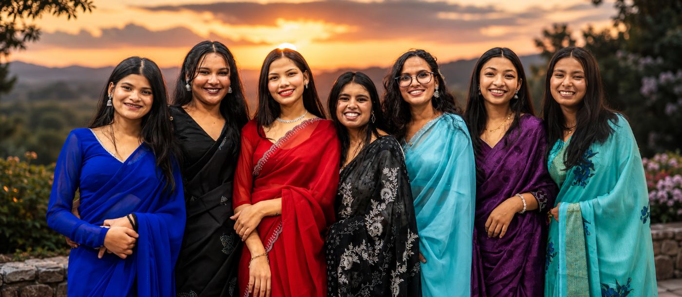Young women of the Hearts for Nepal family, dressed in bright saris and smiling together at sunset