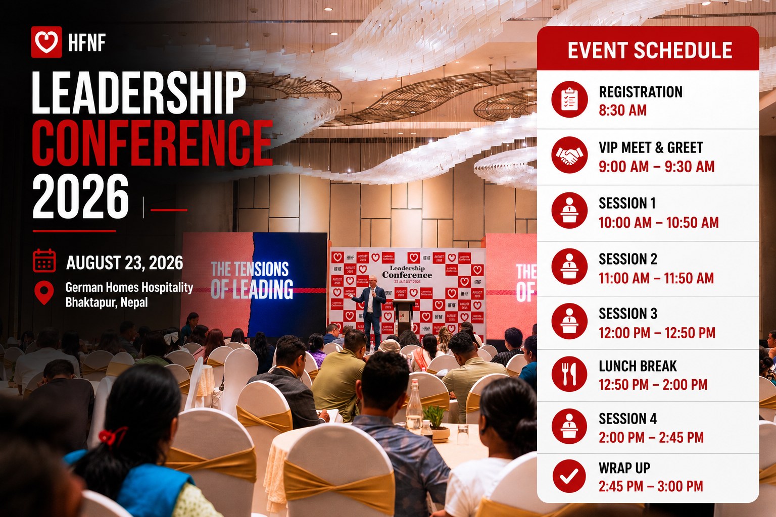 HFNF Leadership Conference 2026 — August 23, 2026, German Homes Hospitality, Bhaktapur, Nepal. Event schedule from registration at 8:30 AM through wrap up at 3:00 PM.