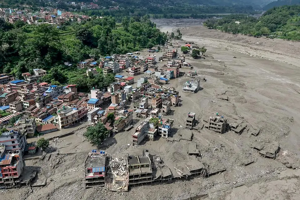 Flood destruction along the Bhote Koshi River in Nepal
