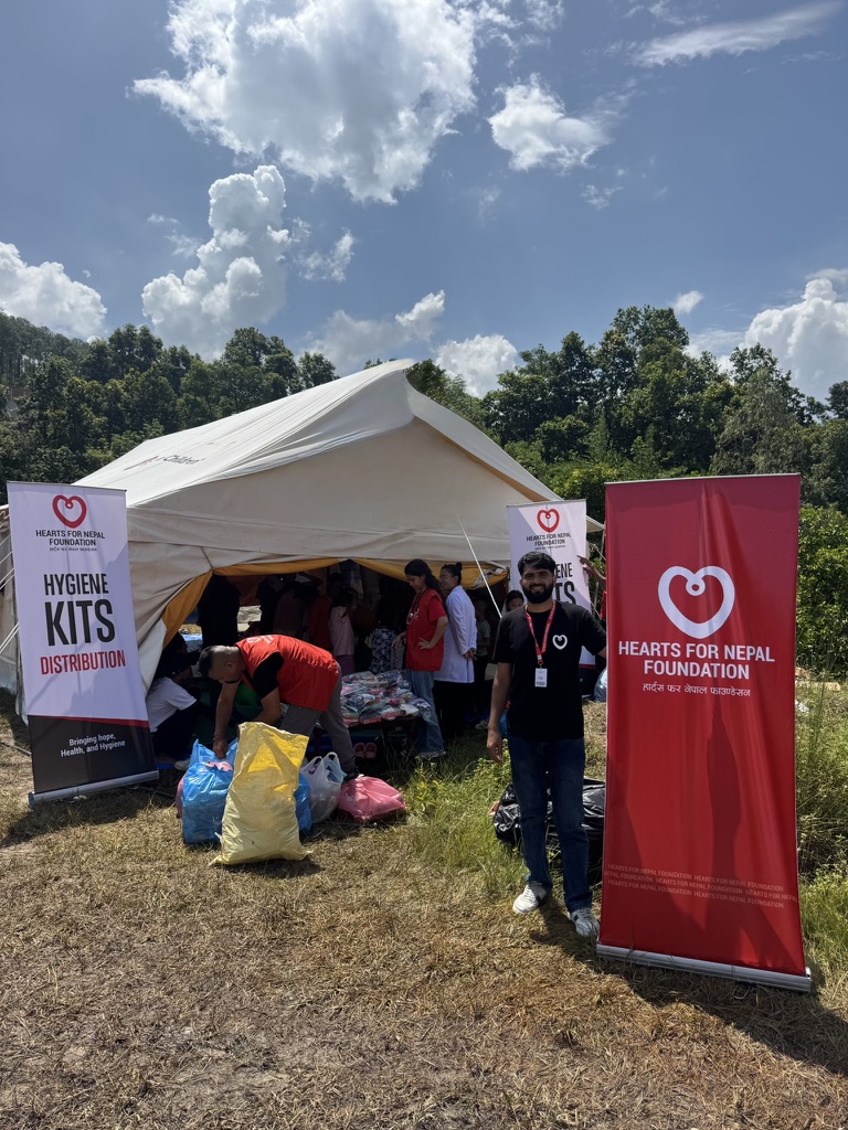 A Hearts for Nepal hygiene kit distribution tent in the flood-affected region