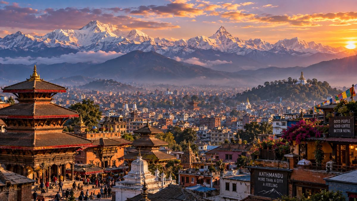 The Kathmandu valley at sunset, with the Himalaya beyond